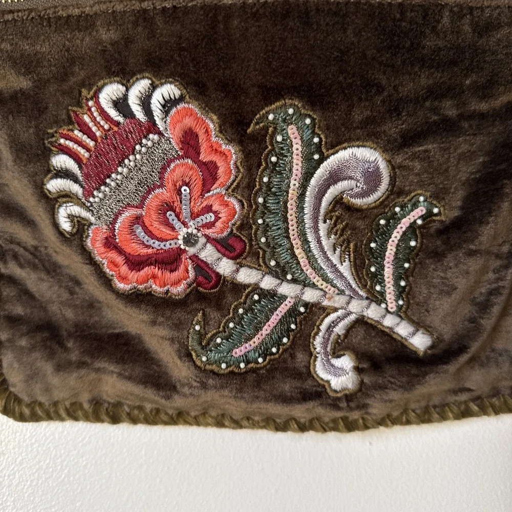 Steve Madden Purse Olive Green Gold Chain Strap Velvet Y2K Hippie Embroidered